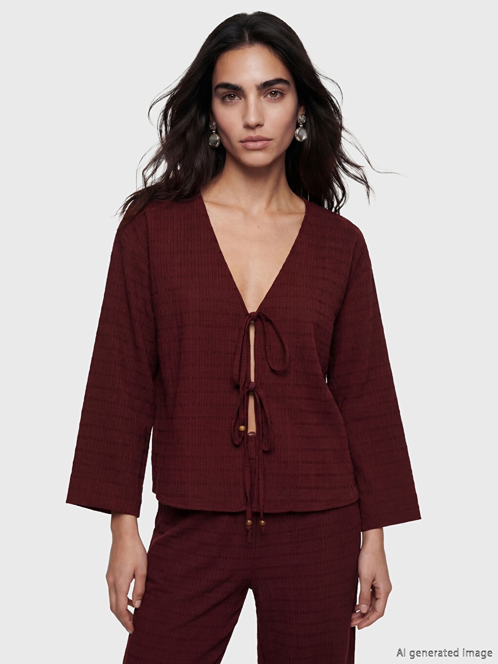 كيمونو نسائي بياقة على شكل حرف V من قماش دوبي