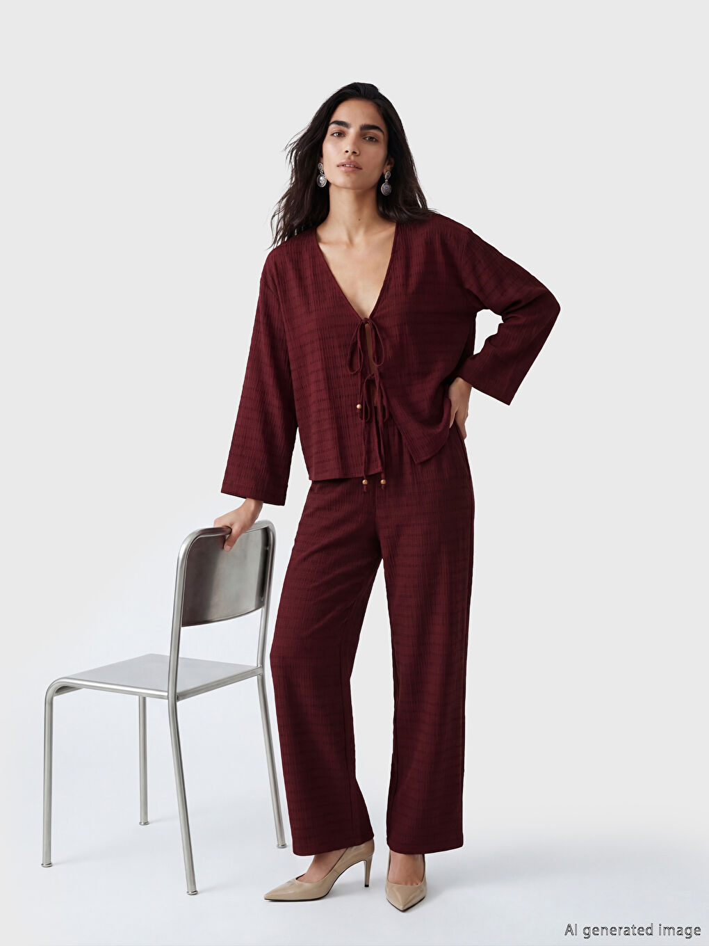 كيمونو نسائي بياقة على شكل حرف V من قماش دوبي-1