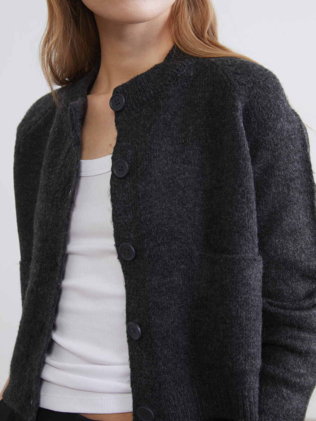 Antrasit Bisiklet Yaka Kadın Triko Hırka-2