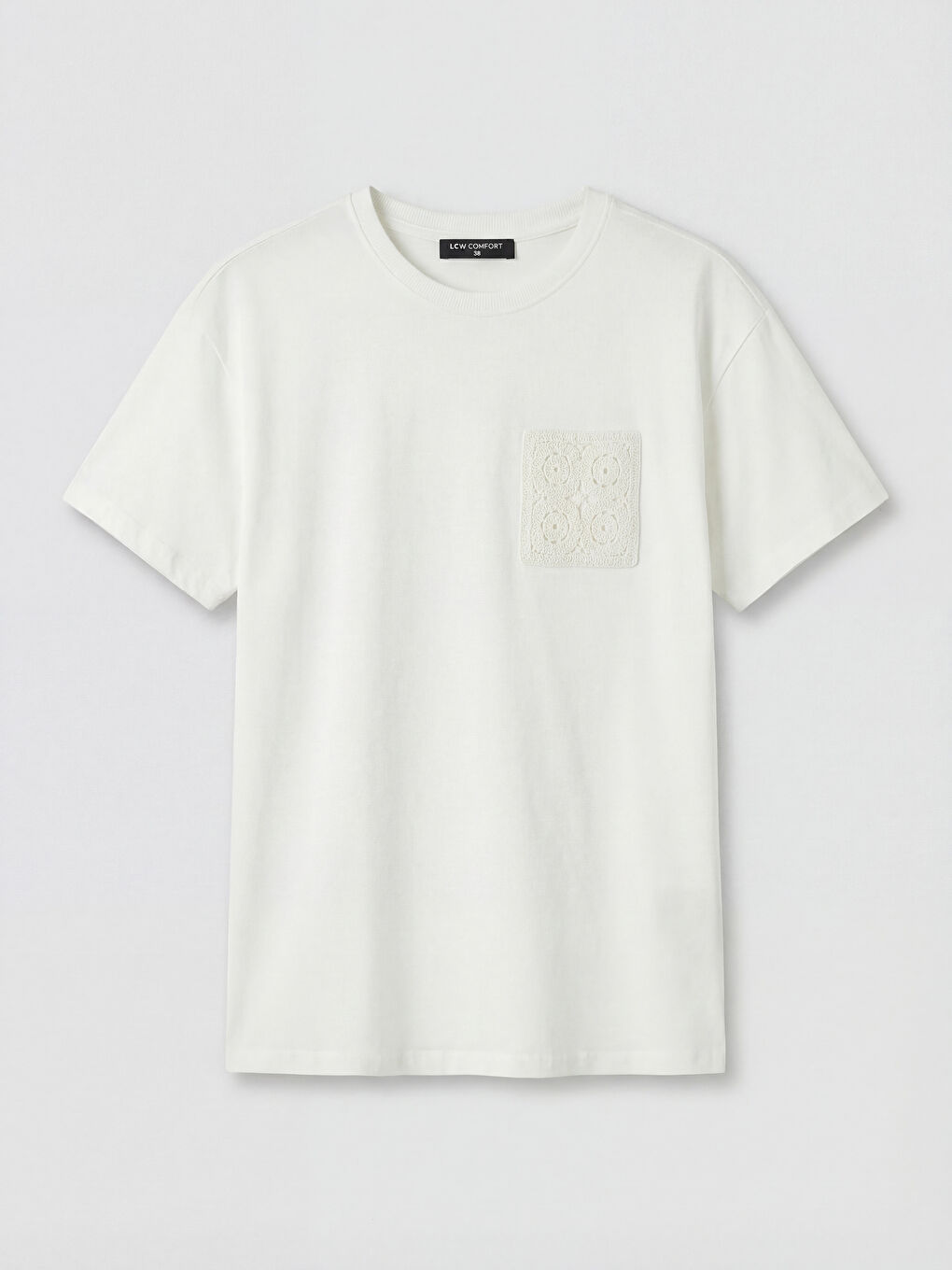 Ekru Bisiklet Yaka Nakış Detaylı Kadın Tişört