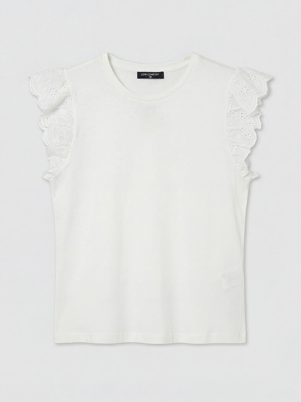 Ekru Bisiklet Yaka Nakışlı Kadın Tişört