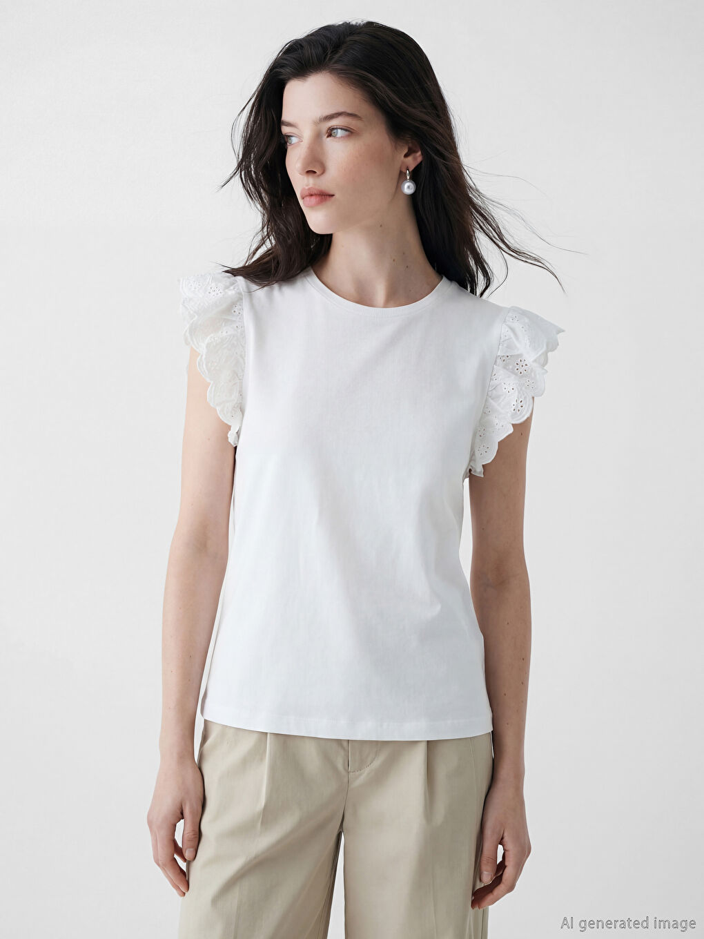 Beyaz Bisiklet Yaka Nakışlı Kadın Tişört