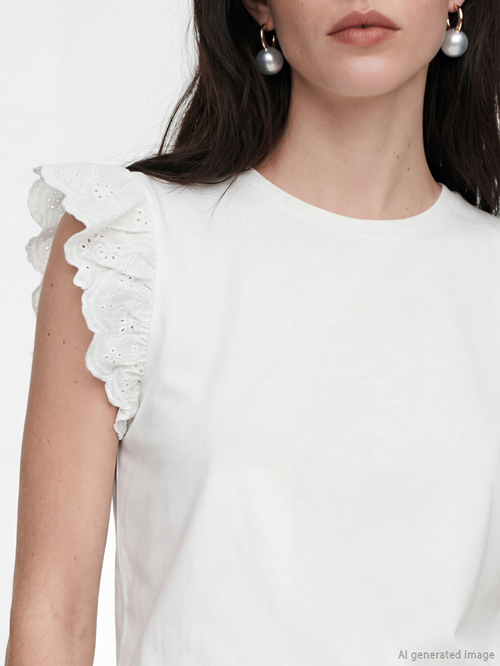 Beyaz Bisiklet Yaka Nakışlı Kadın Tişört-2