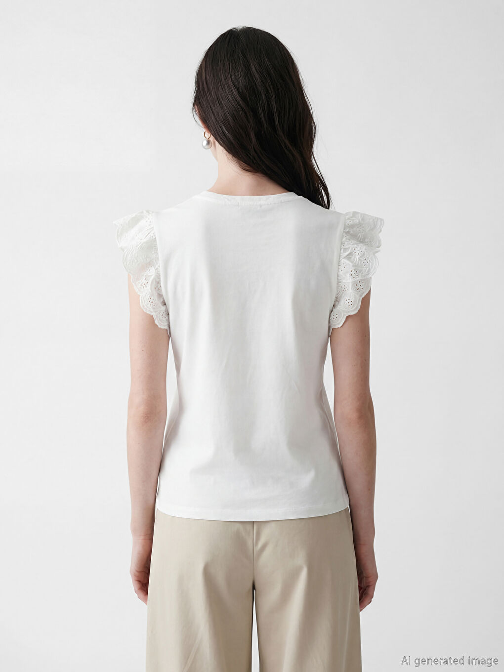 Beyaz Bisiklet Yaka Nakışlı Kadın Tişört-3