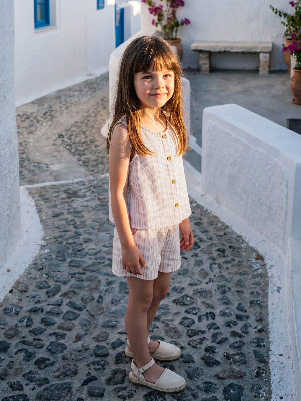 Blouse et Short Rayés à Col Rond pour Fille-1