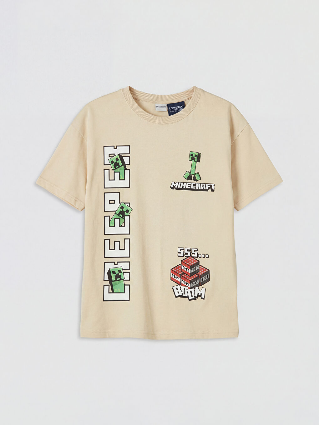 Bej Bisiklet Yaka Minecraft Baskılı Erkek Çocuk Tişört