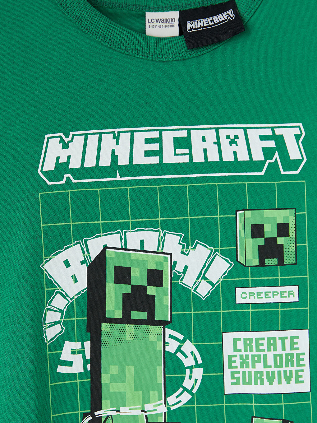 Yeşil Bisiklet Yaka Minecraft Baskılı Erkek Çocuk Tişört-1