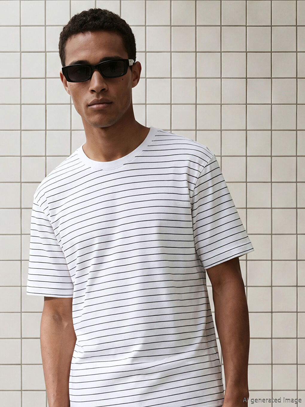 Ekru Bisiklet Yaka Çizgili Erkek Tişört