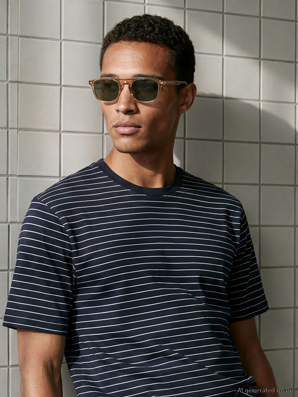 Lacivert Bisiklet Yaka Çizgili Erkek Tişört