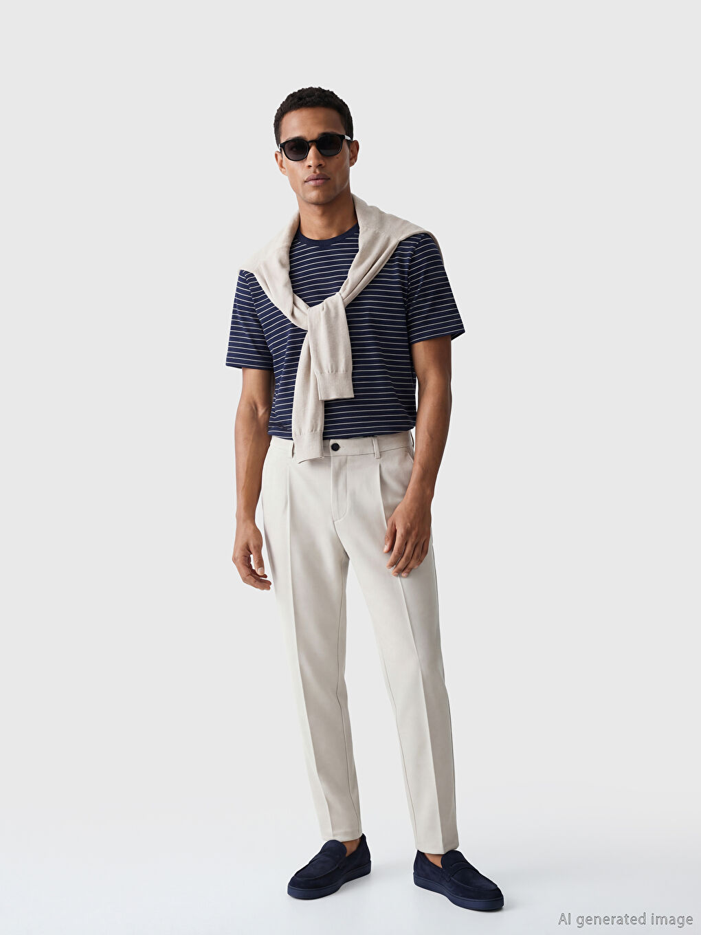 Lacivert Bisiklet Yaka Çizgili Erkek Tişört-1