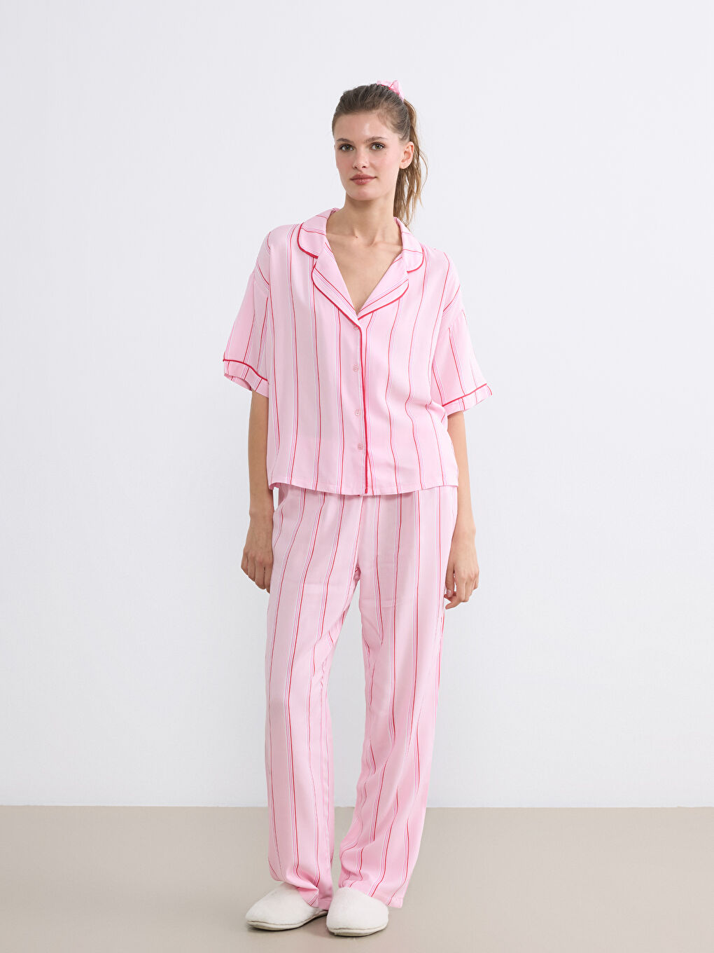 Pembe Gömlek Yaka Çizgili Kadın Pijama Takım-3
