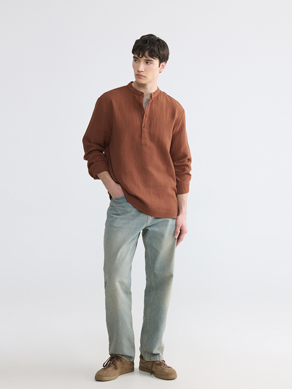 Regular Fit Grandad Collar Men's Textured Shirt-1