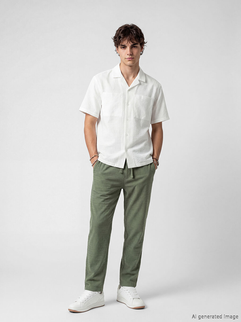 Beyaz Loose Fit Erkek Dokulu Gömlek-3