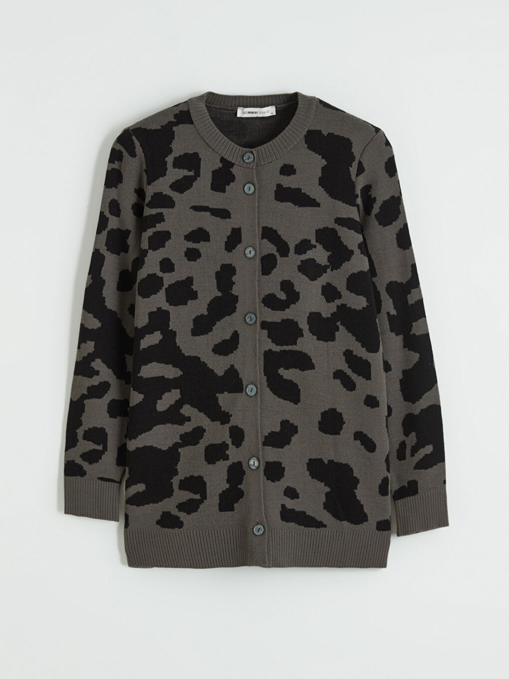 Antrasit Bisiklet Yaka Leopar Desenli Kadın Triko Hırka-4