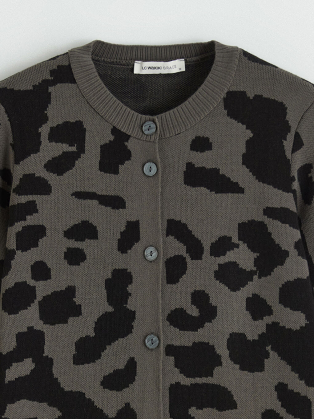 Antrasit Bisiklet Yaka Leopar Desenli Kadın Triko Hırka-5