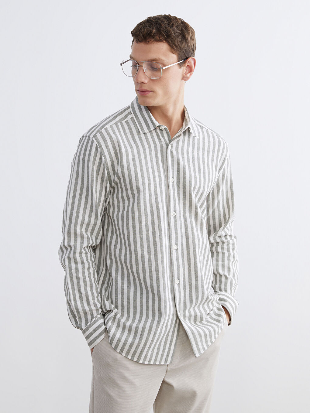 Yeşil Regular Fit Çizgili Erkek Gömlek