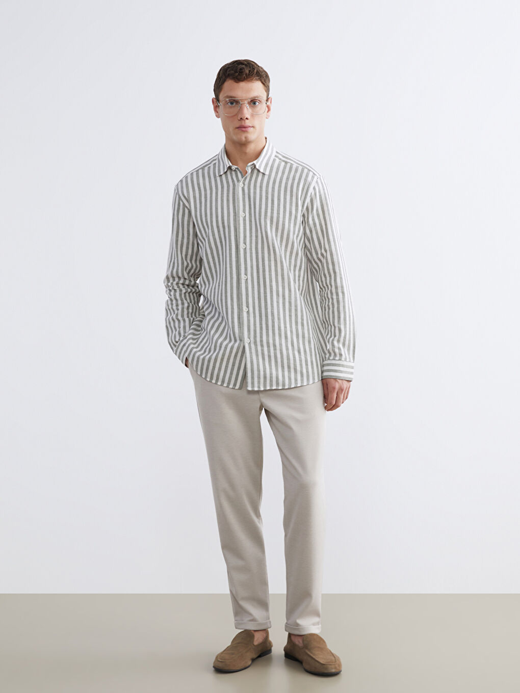 Yeşil Regular Fit Çizgili Erkek Gömlek-1