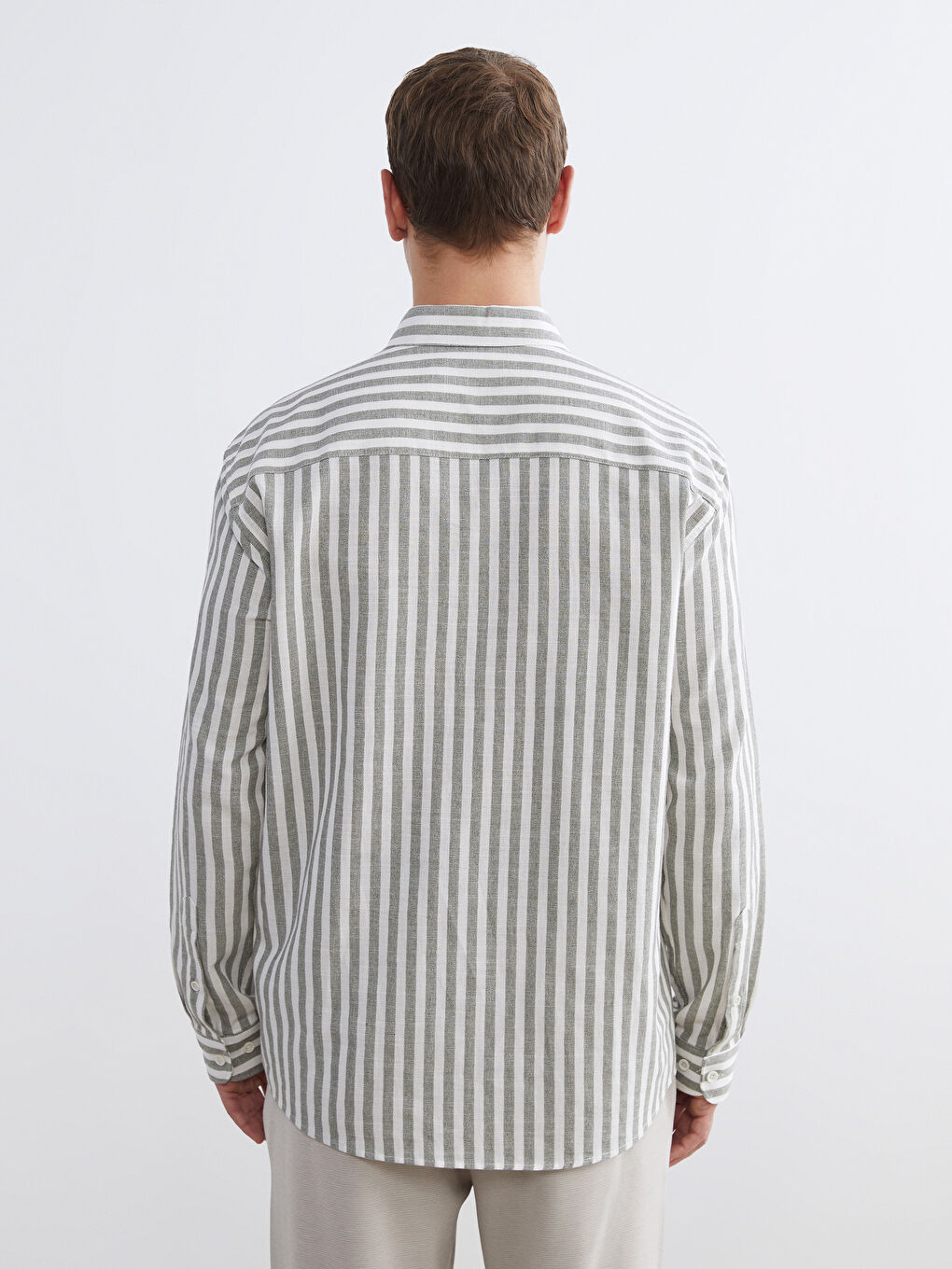 Yeşil Regular Fit Çizgili Erkek Gömlek-3