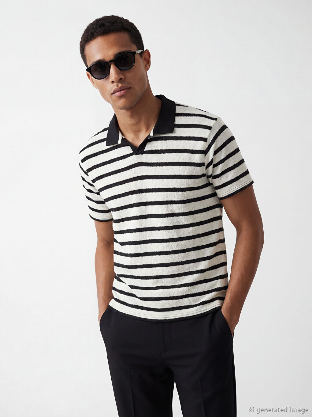 Siyah Polo Yaka Çizgili Erkek Tişört