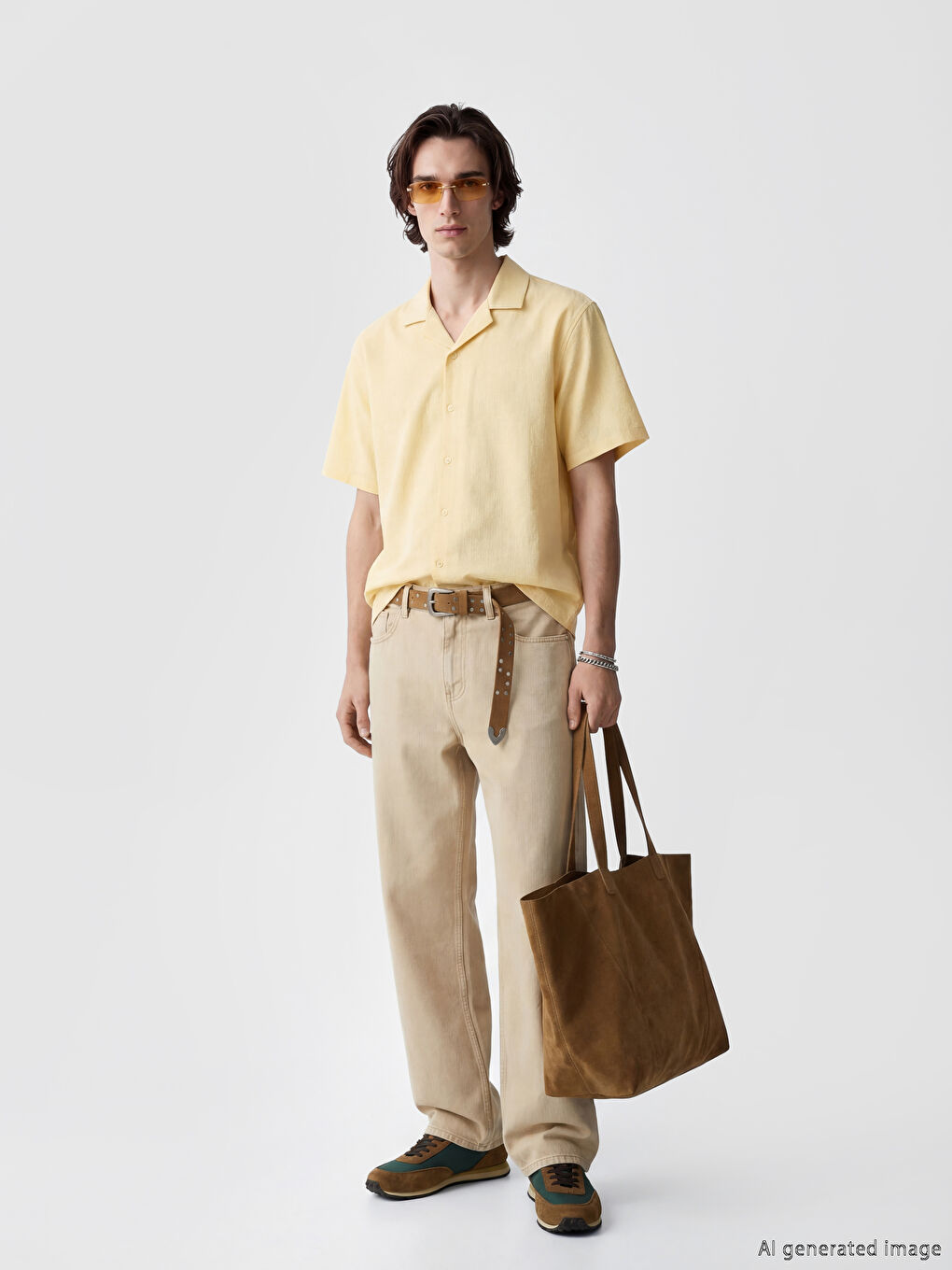 Sarı Relax Fit Erkek Armürlü Gömlek-1