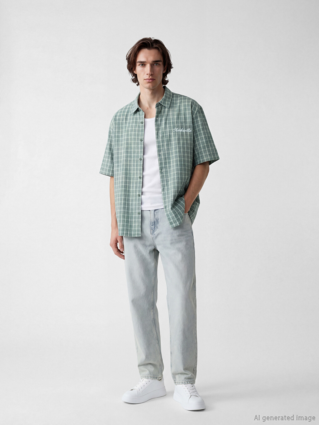 Yeşil Loose Fit Nakışlı Erkek Gömlek-1