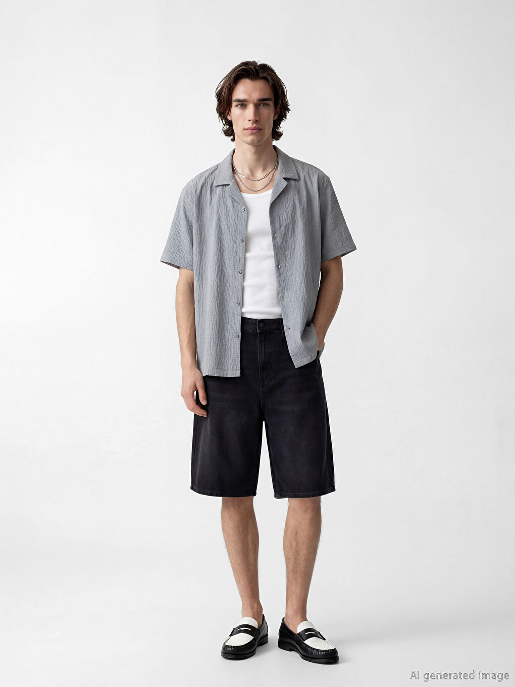 Gri Loose Fit Gofre Kısa Kollu Erkek Gömlek-1
