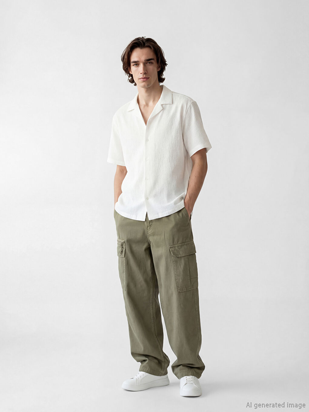 Beyaz Loose Fit Gofre Erkek Gömlek-1