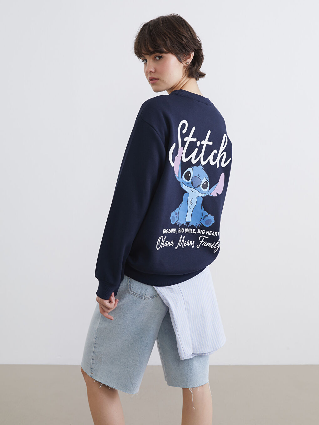 Lacivert Stitch Baskılı Oversize Kadın Kalın Sweatshirt