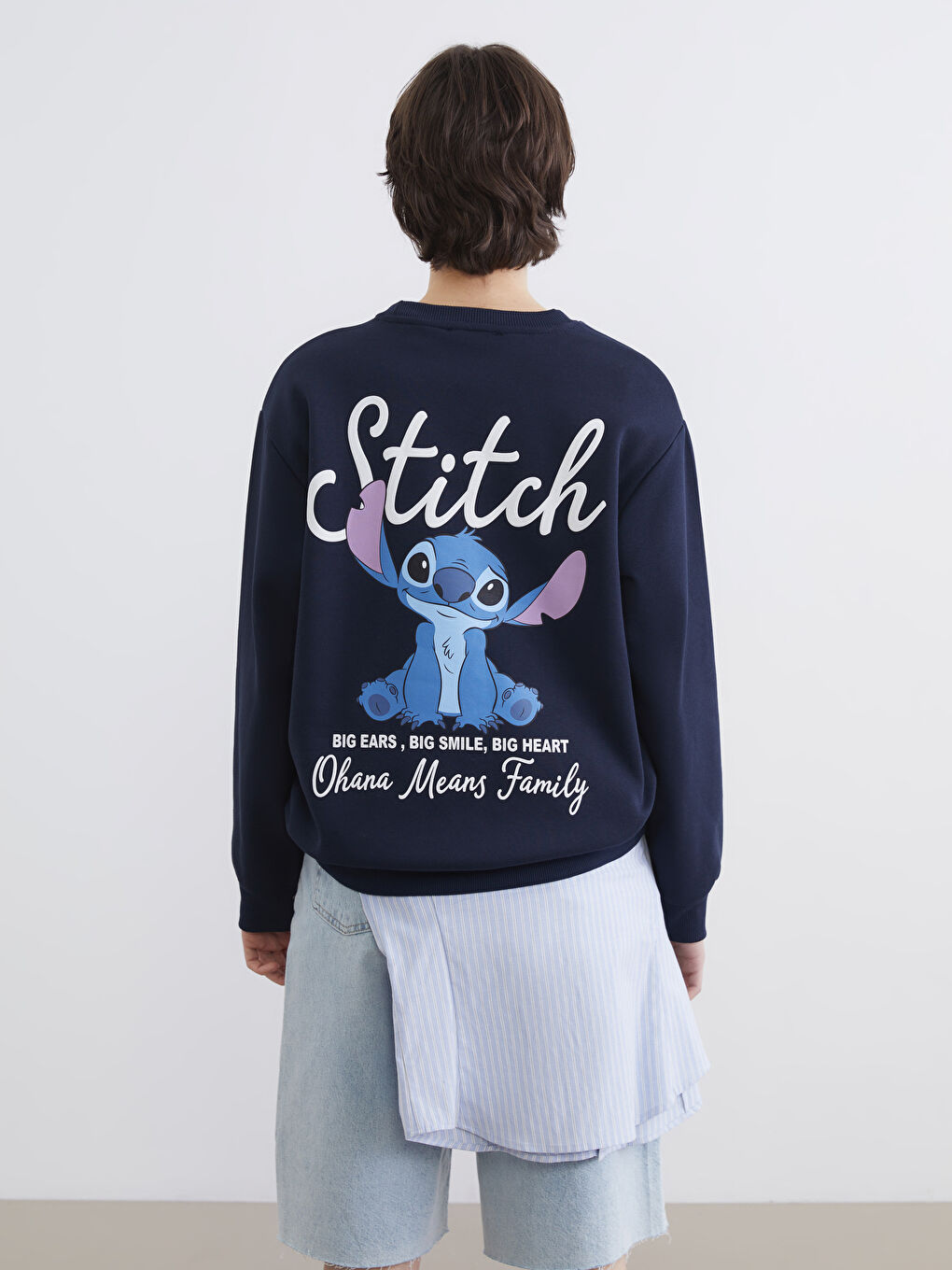 Lacivert Stitch Baskılı Oversize Kadın Kalın Sweatshirt-3