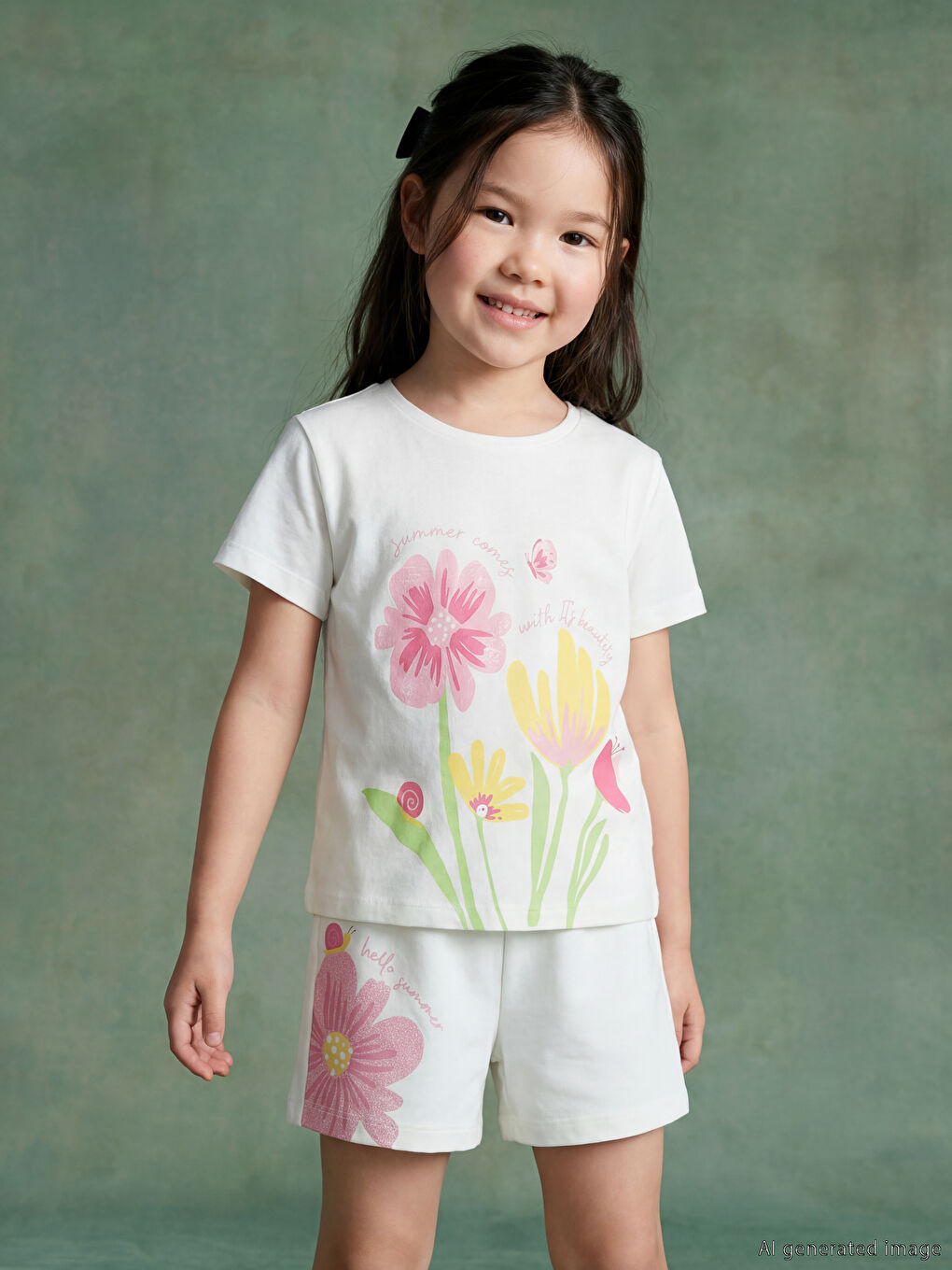 Ekru Bisiklet Yaka Kız Çocuk Tişört