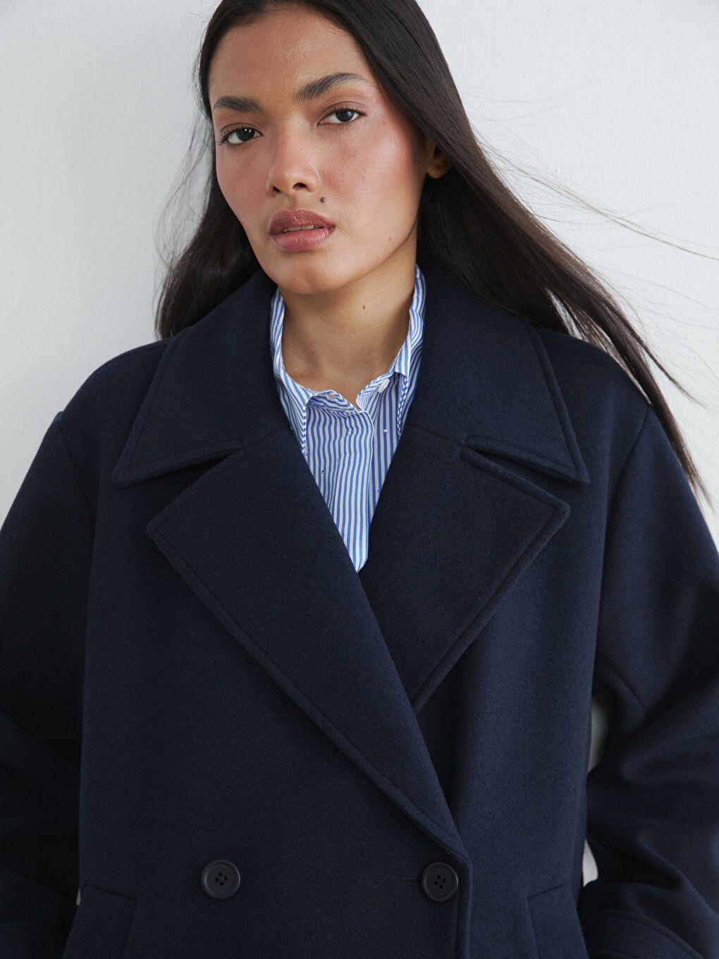 Lacivert Kruvaze Yaka Kadın Kaşe Kaban-2