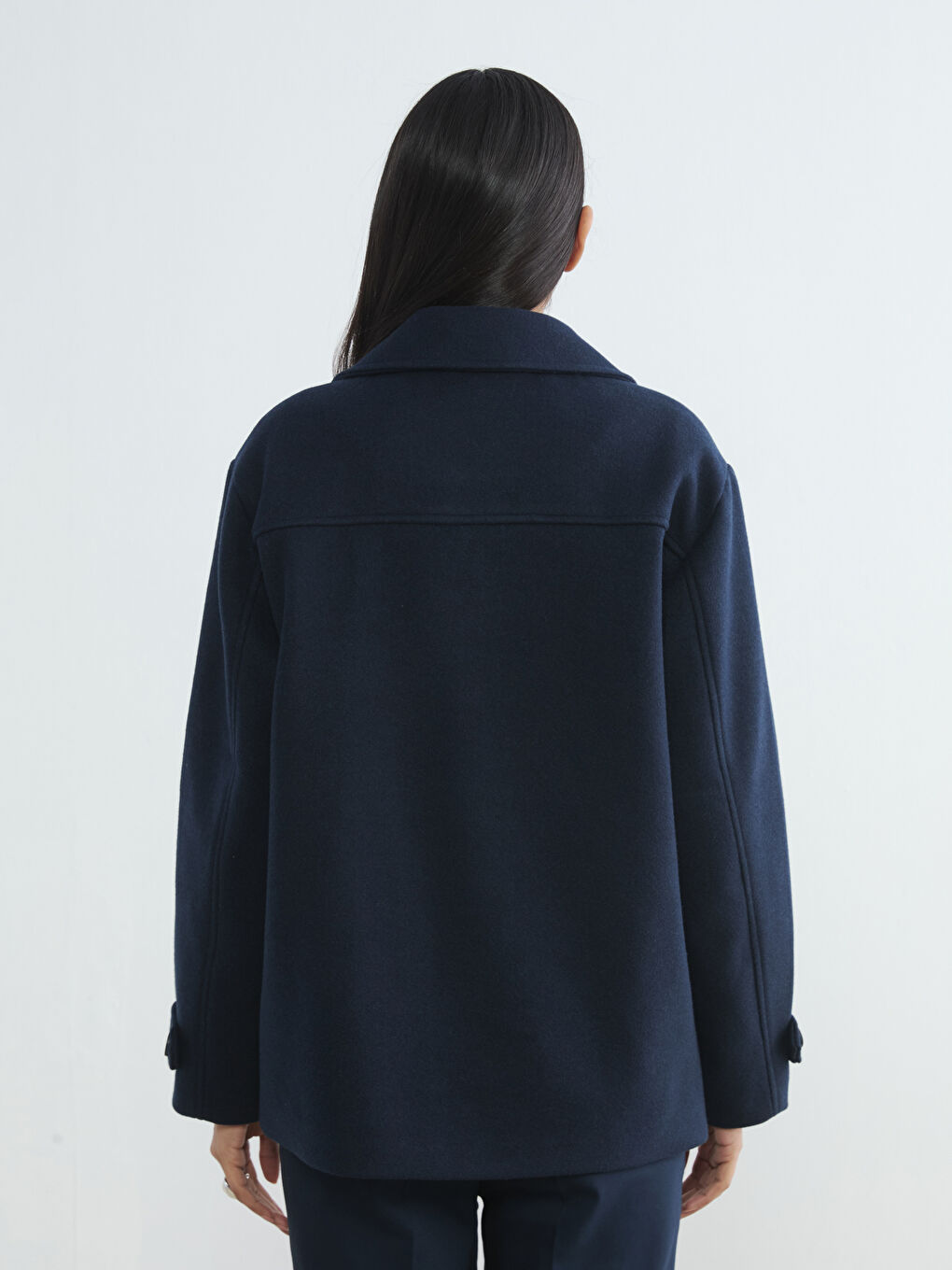 Lacivert Kruvaze Yaka Kadın Kaşe Kaban-4