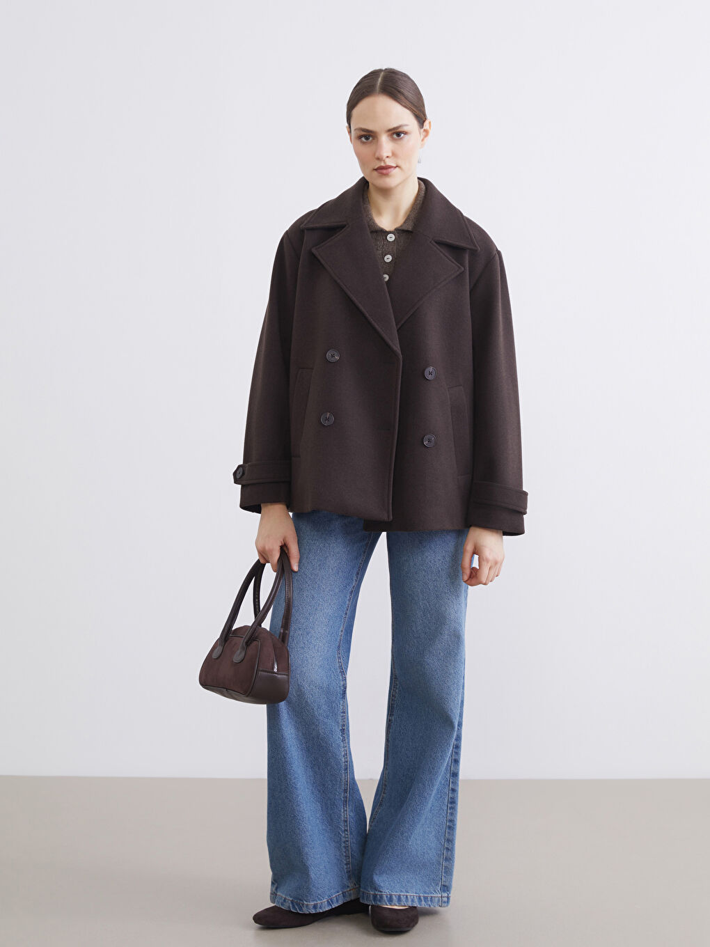 Kahverengi Kruvaze Yaka Kadın Kaşe Kaban-1