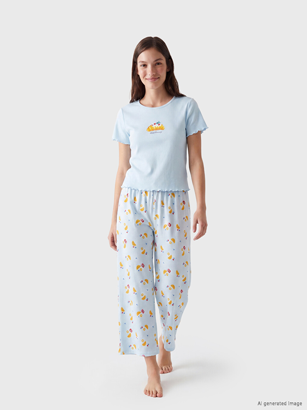 Mavi Desenli Kadın Kaprili Pijama Takımı-1