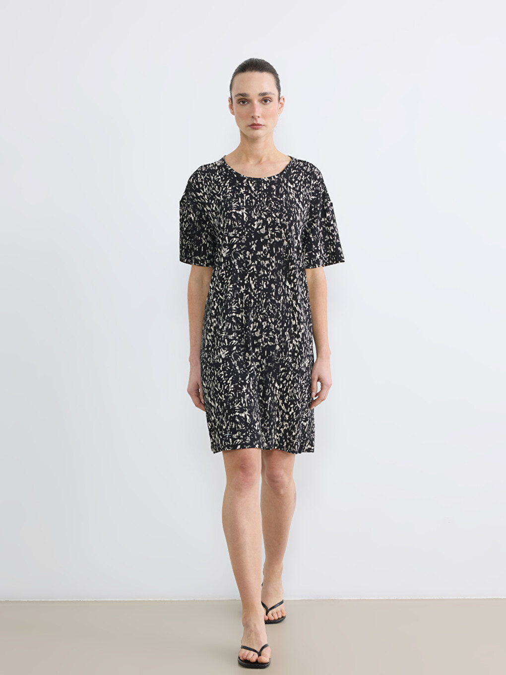 Crew Neck Patterned Mini Dress