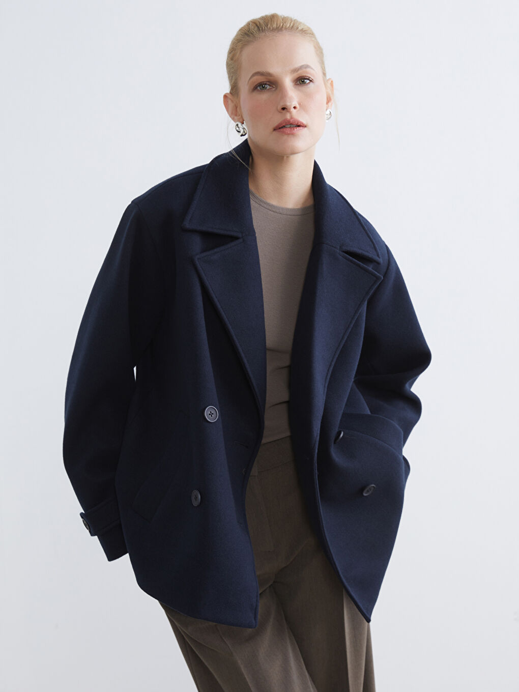 معطف صوف مخلوط كحلي امرأة