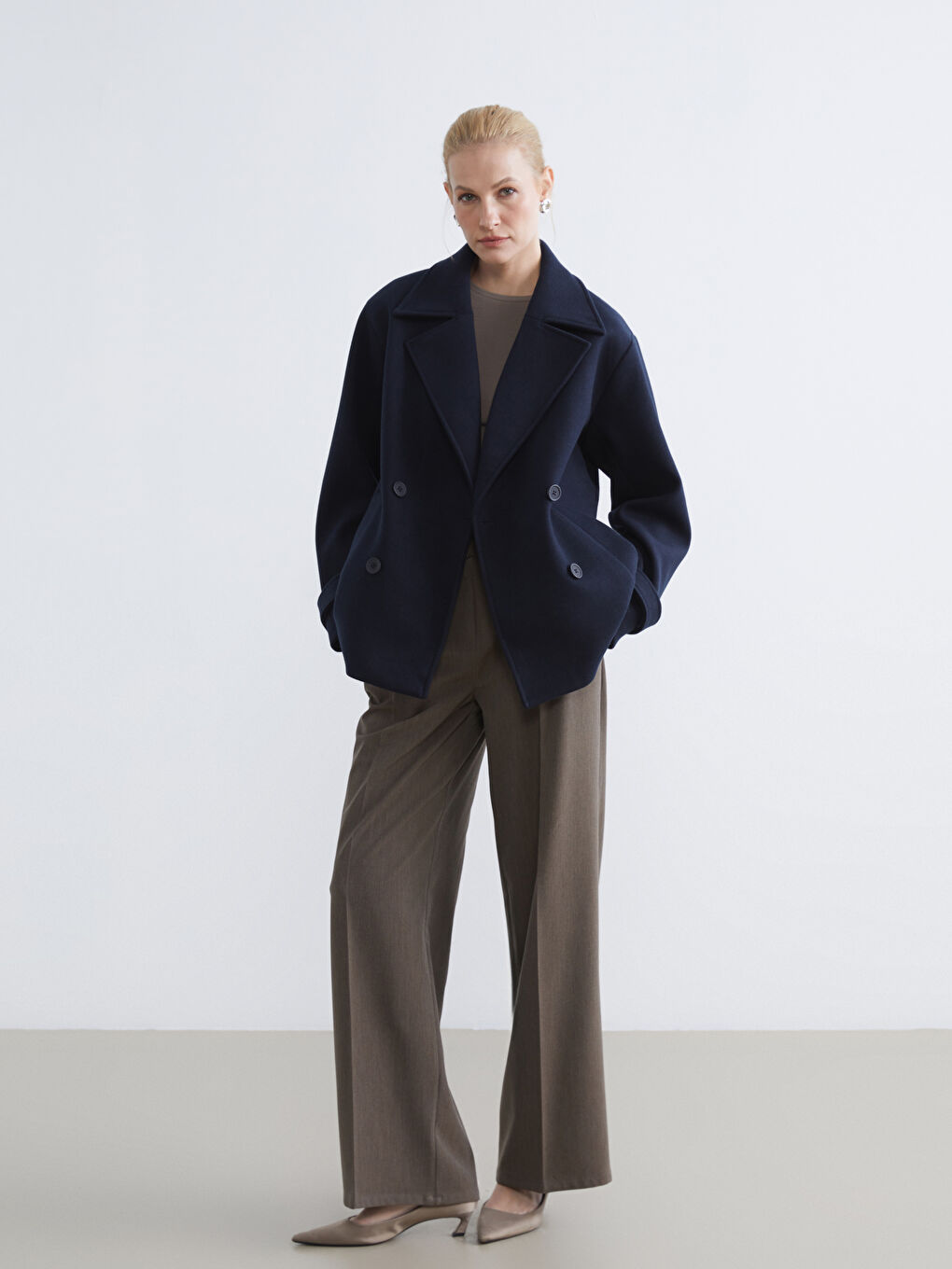 معطف صوف مخلوط كحلي امرأة-1