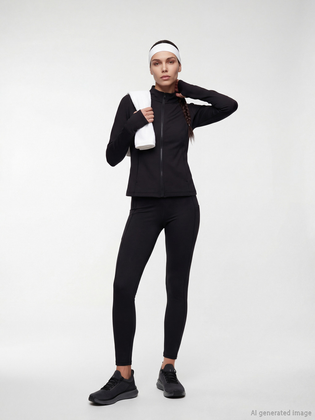 Siyah Dik Yaka Parmak Geçmeli Kadın Fermuarlı Sweatshirt-1