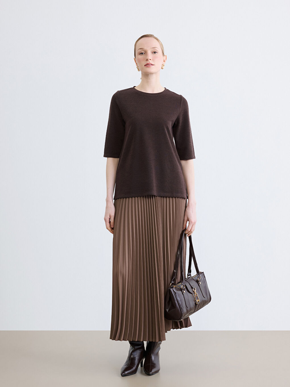 Kahverengi Beli Lastikli Pileli Etek