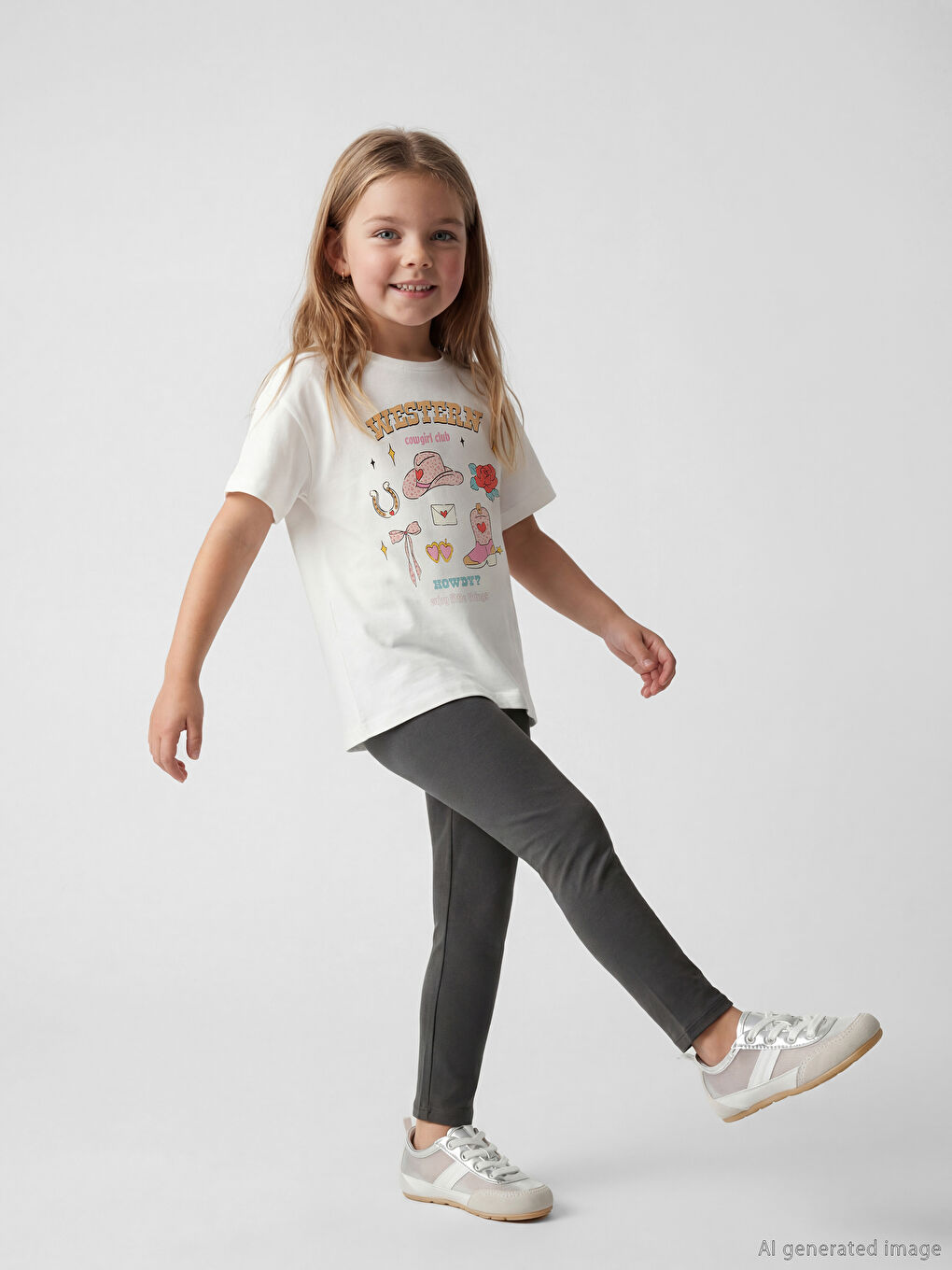 Beyaz Baskılı Kız Çocuk Penye Tayt ve Tişört