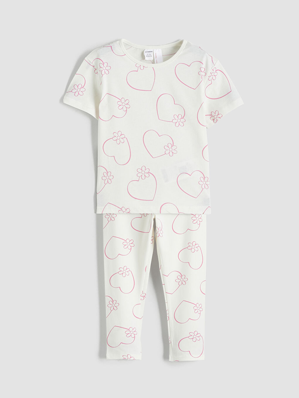 Ekru Kalp Baskılı Kız Çocuk Tişört ve Tayt