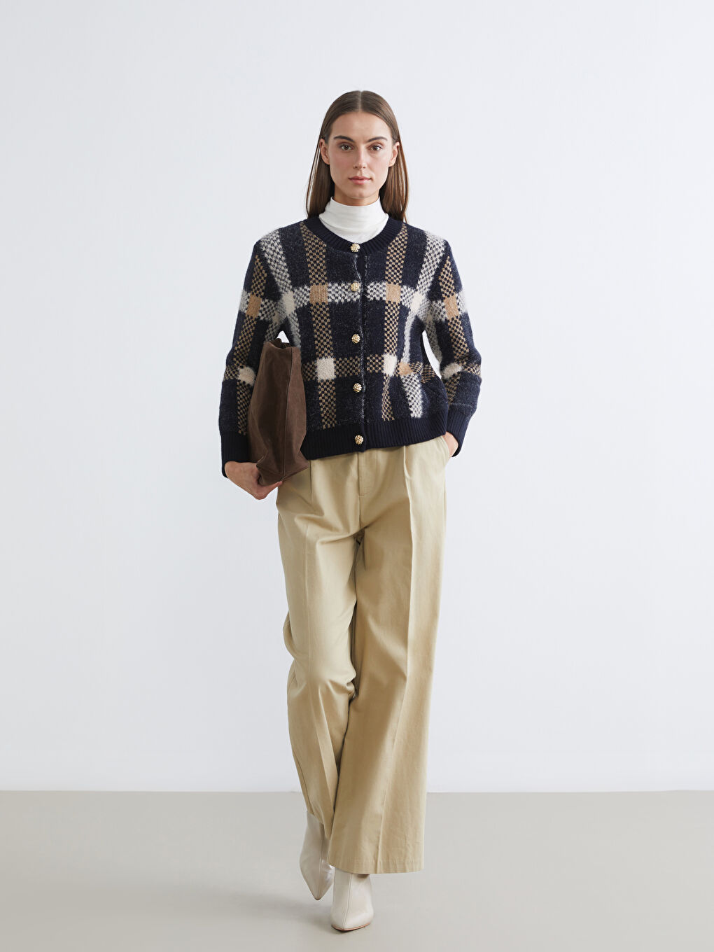 Lacivert Bisiklet Yaka Ekose Kadın Triko Hırka-1