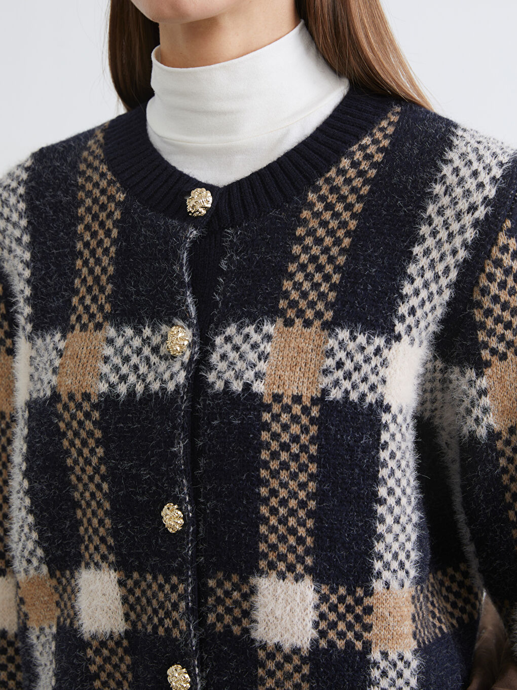 Lacivert Bisiklet Yaka Ekose Kadın Triko Hırka-2