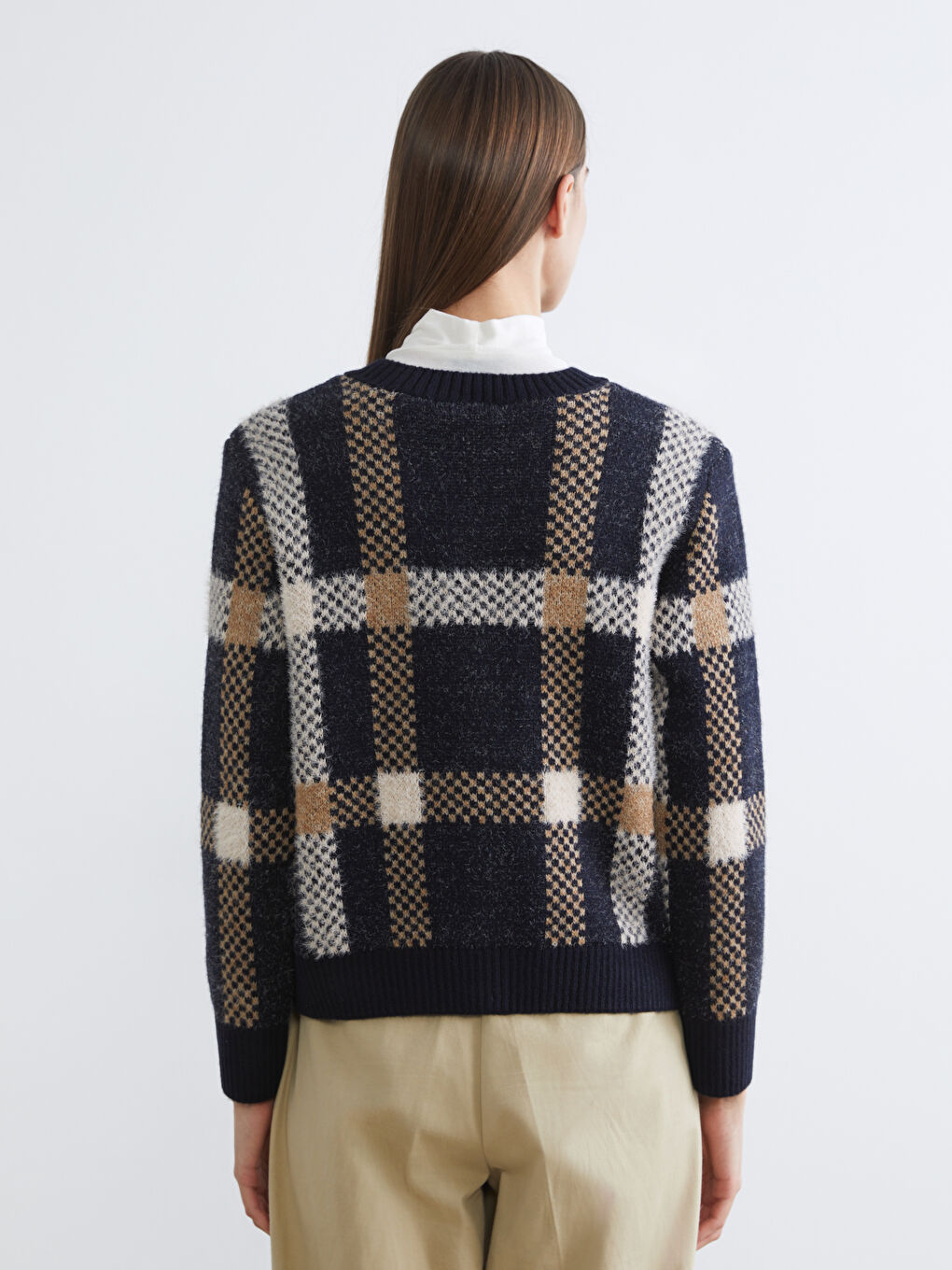 Lacivert Bisiklet Yaka Ekose Kadın Triko Hırka-3