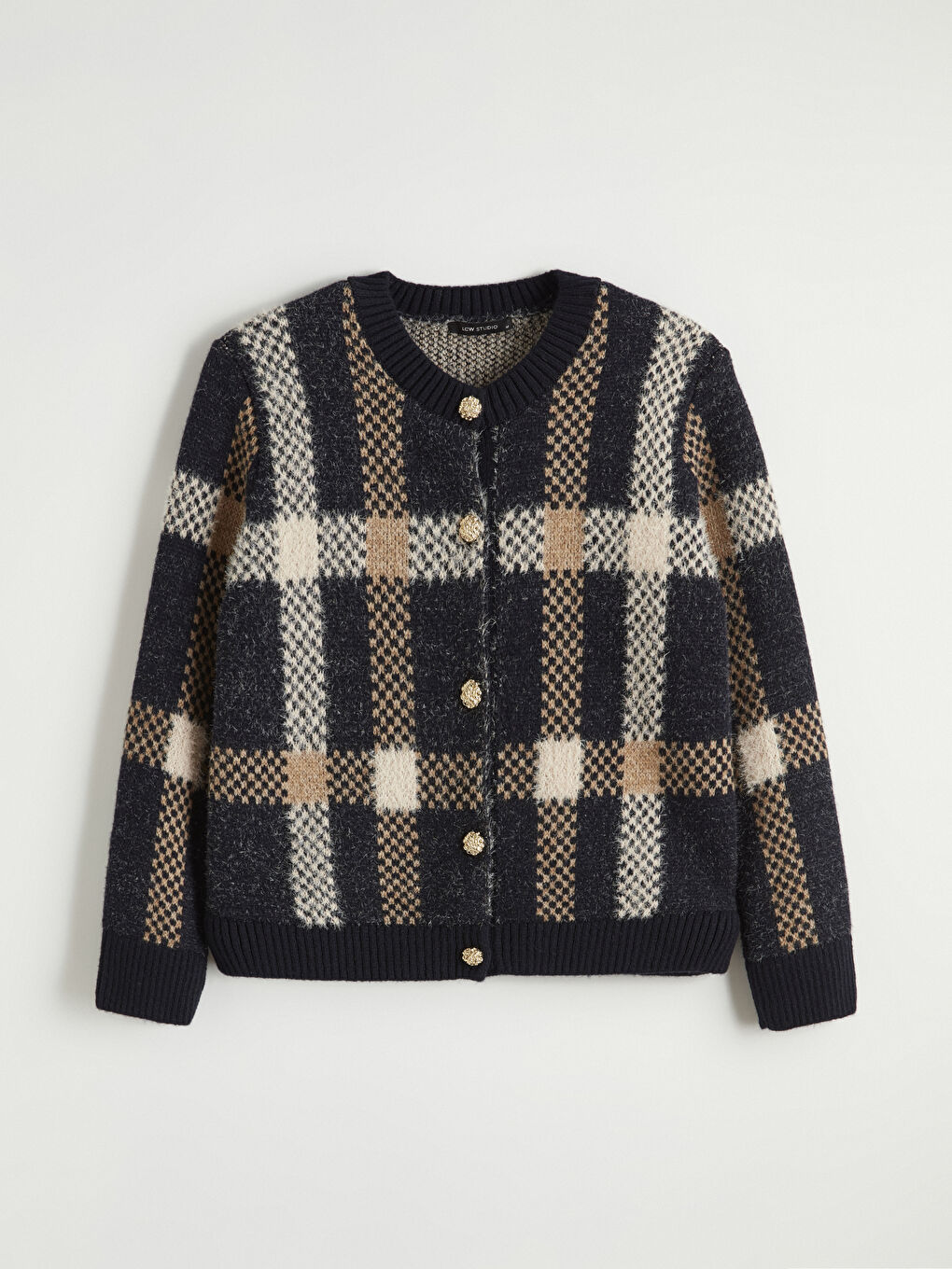 Lacivert Bisiklet Yaka Ekose Kadın Triko Hırka-4