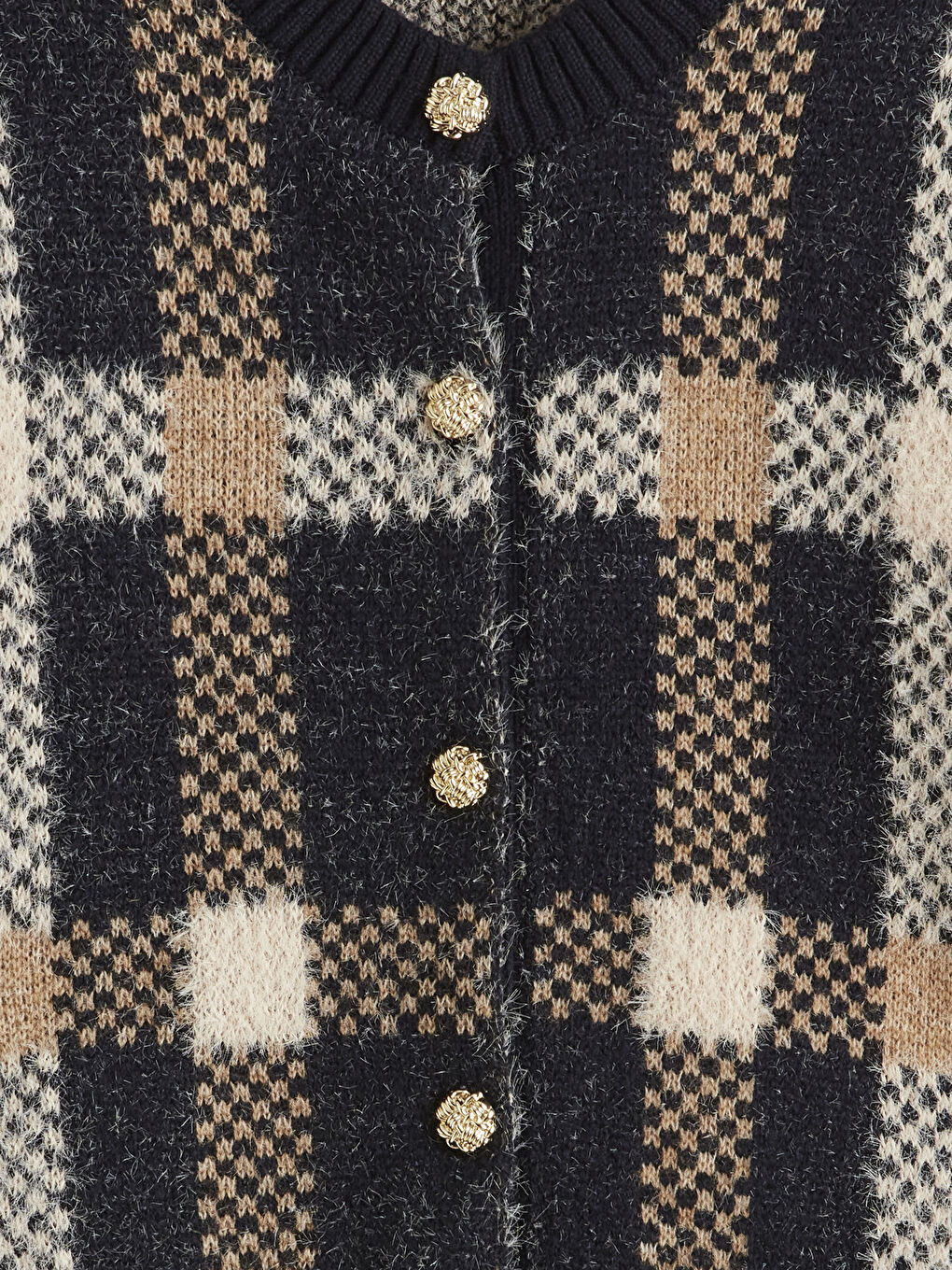 Lacivert Bisiklet Yaka Ekose Kadın Triko Hırka-5