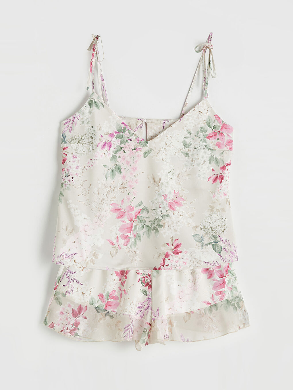 Ekru Çiçekli Kadın Şortlu Pijama Takımı-0