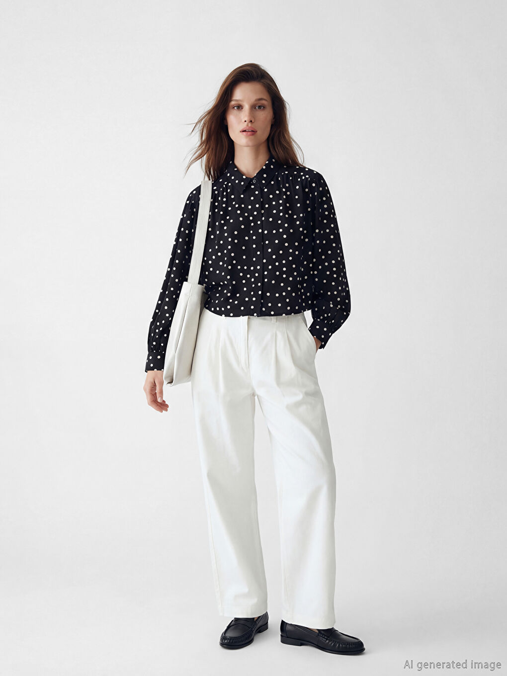 Siyah Puantiyeli Poplin Kadın Gömlek-5