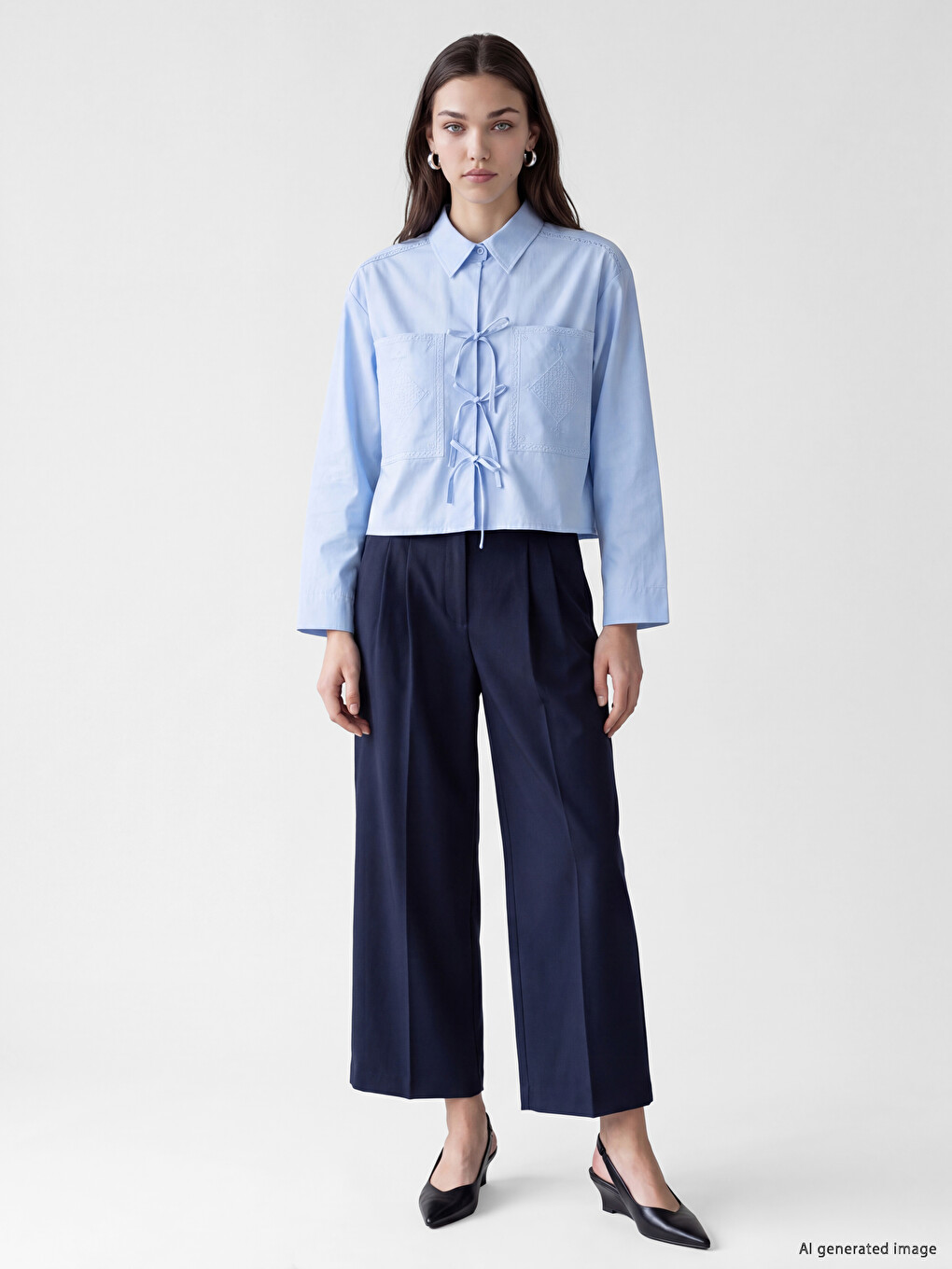 Front Tie Embroidered Women's Shirt-1