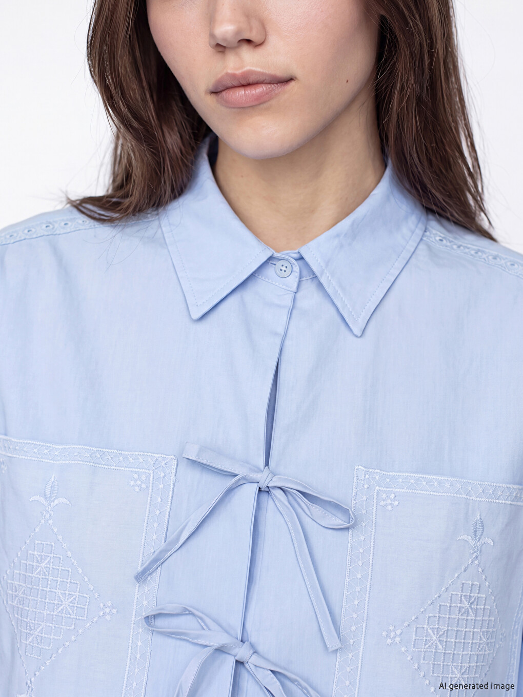 Front Tie Embroidered Women's Shirt-2